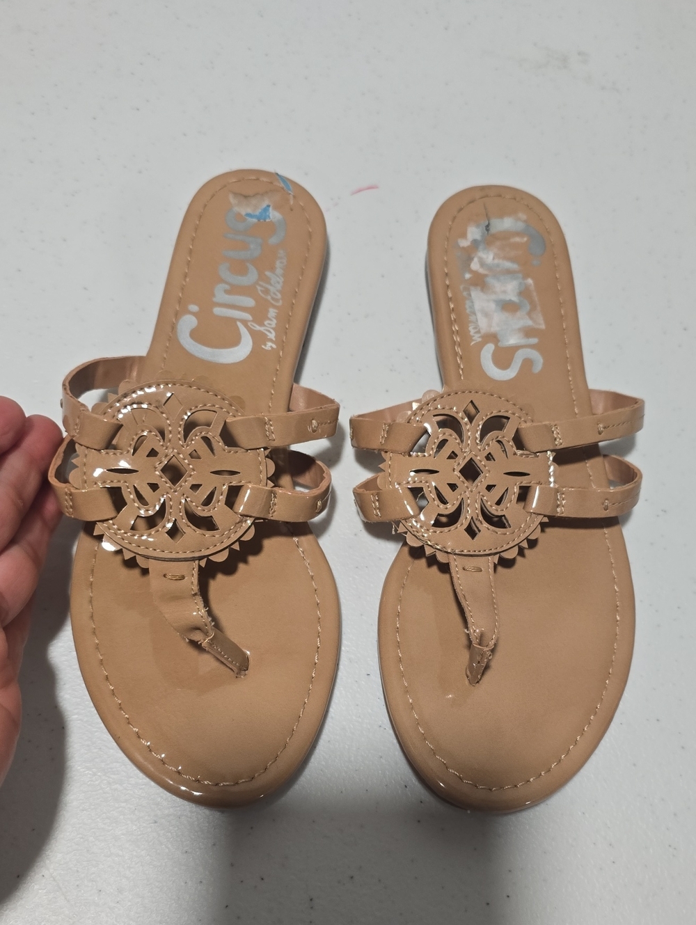 Circus by Sam Edelman Beige Patent Leather Decorative Thong Sandals